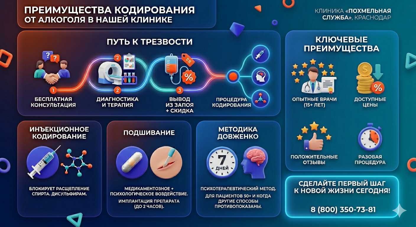 Инфографика о методах кодирования от алкоголя в городе Аша: инъекции, подшивание, метод Довженко. Преимущества клиники и этапы лечения.